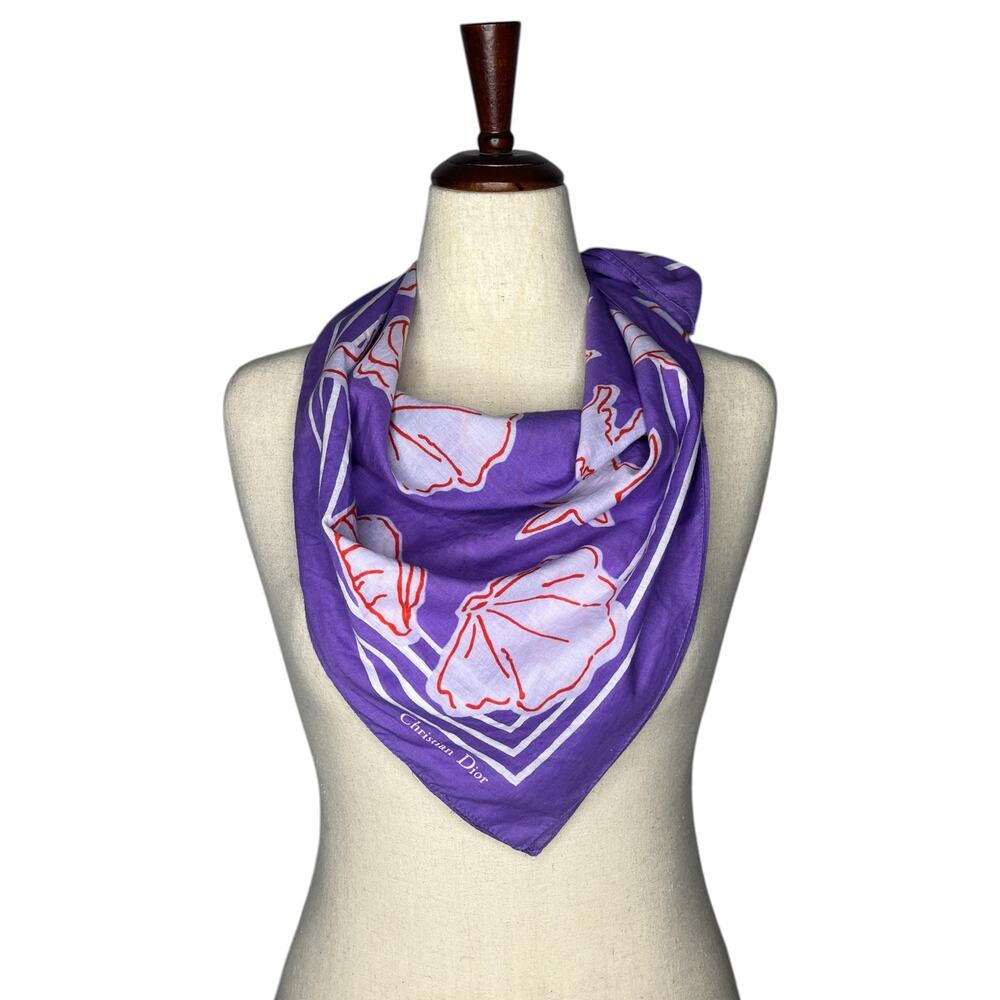1970s VTG Christian Dior Scarf Purple Seashell Square 30" Starfish Cotton
